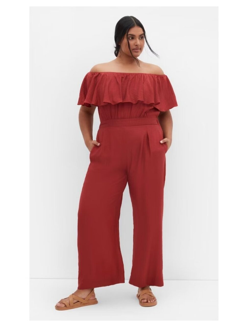 City Chic Sienna Off The Shoulder Wide Leg Jumpsuit Size 22 Pockets Flutter Top
